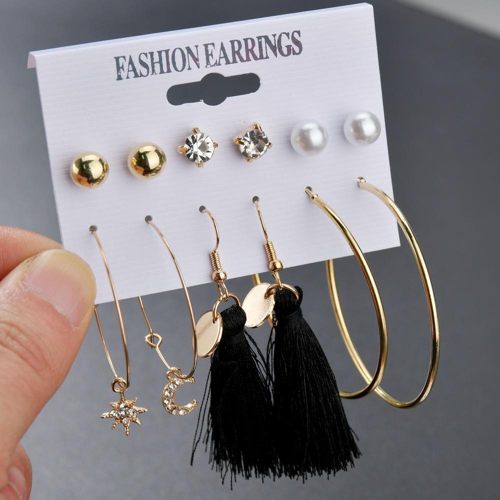 Pop Rhinestone Star Moon Asymmetrical Earring Set Vintage Tassel Earrings