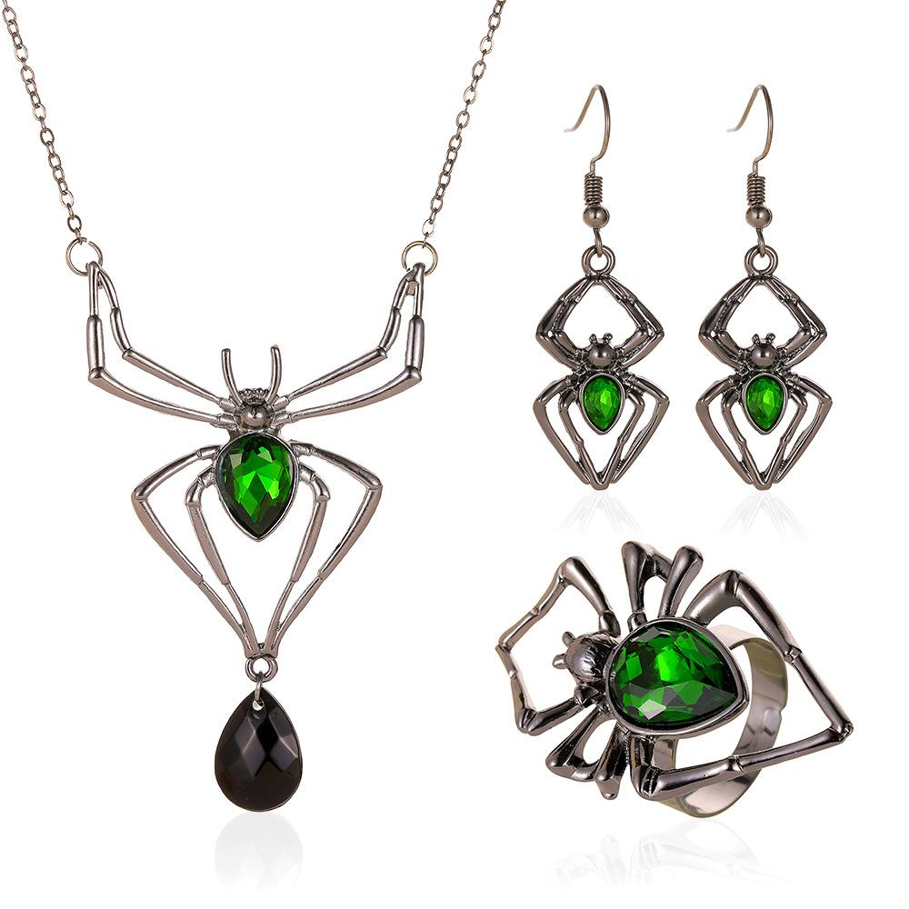 Halloween Jewelry Exaggerated Three-piece Spider Necklace Earrings Ring Retro Emerald Set Accessories