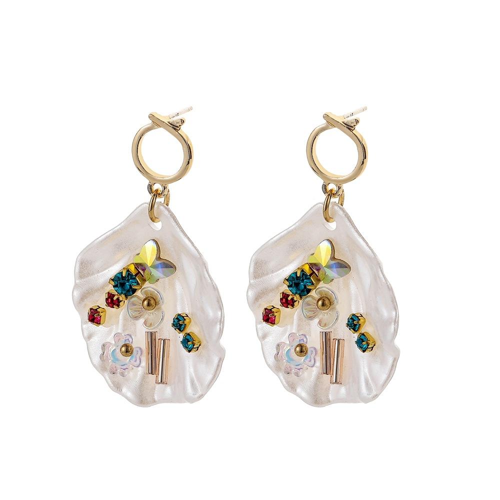 Bohemian Beach Shell Colored Diamond Pearl Flower Earrings Fashion White Fan Shape Diamond Ladies Earrings Jewelry