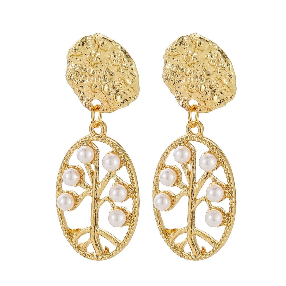 Earrings Creative Oval Tree of Life Metal Irregular Geometric Versatile Pearl Earrings
