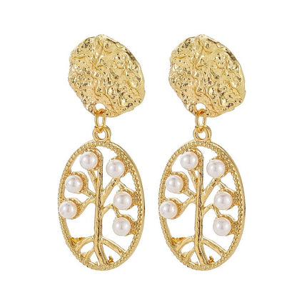 Earrings Creative Oval Tree of Life Metal Irregular Geometric Versatile Pearl Earrings