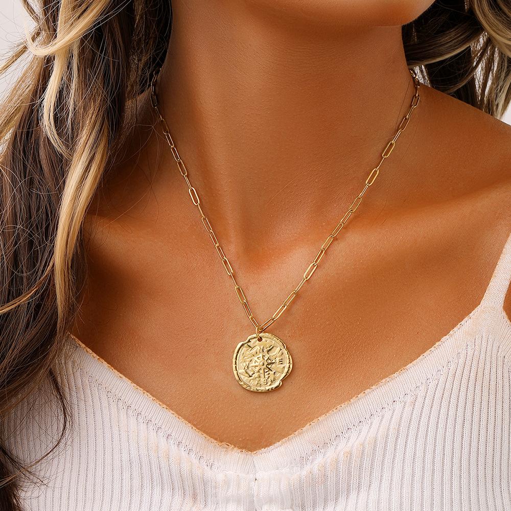 Versatile Stainless Steel Gold Round Coin Vintage Compass Necklace Original Design Female