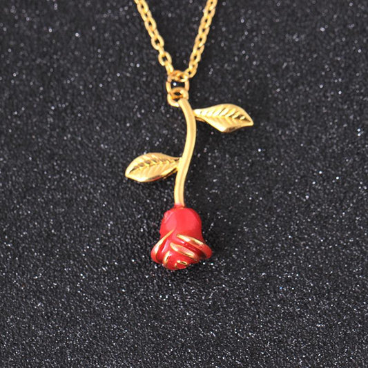 Red Rose Pendant Necklace Female Cute Plant Flower Clavicle Chain Jewelry