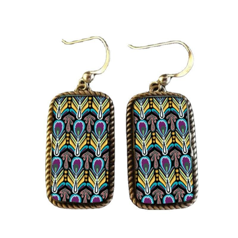 Bohemian Ethnic Women's Peacock Feather Pattern Square Retro Short Pendant Earrings Women