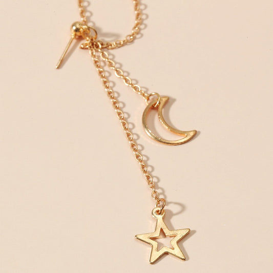 Simple temperament long chain earrings ins cold star moon ear clip one-piece non-hole earrings female