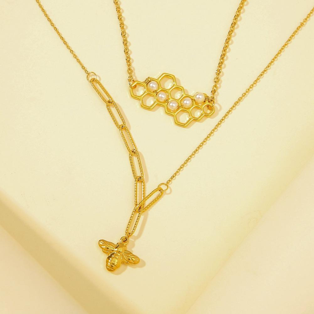 Stainless Steel Double Layer Necklace Honeycomb Bee Pearl Pendant Temperament Simple Multilayer Clavicle Chain Titanium Steel Accessories