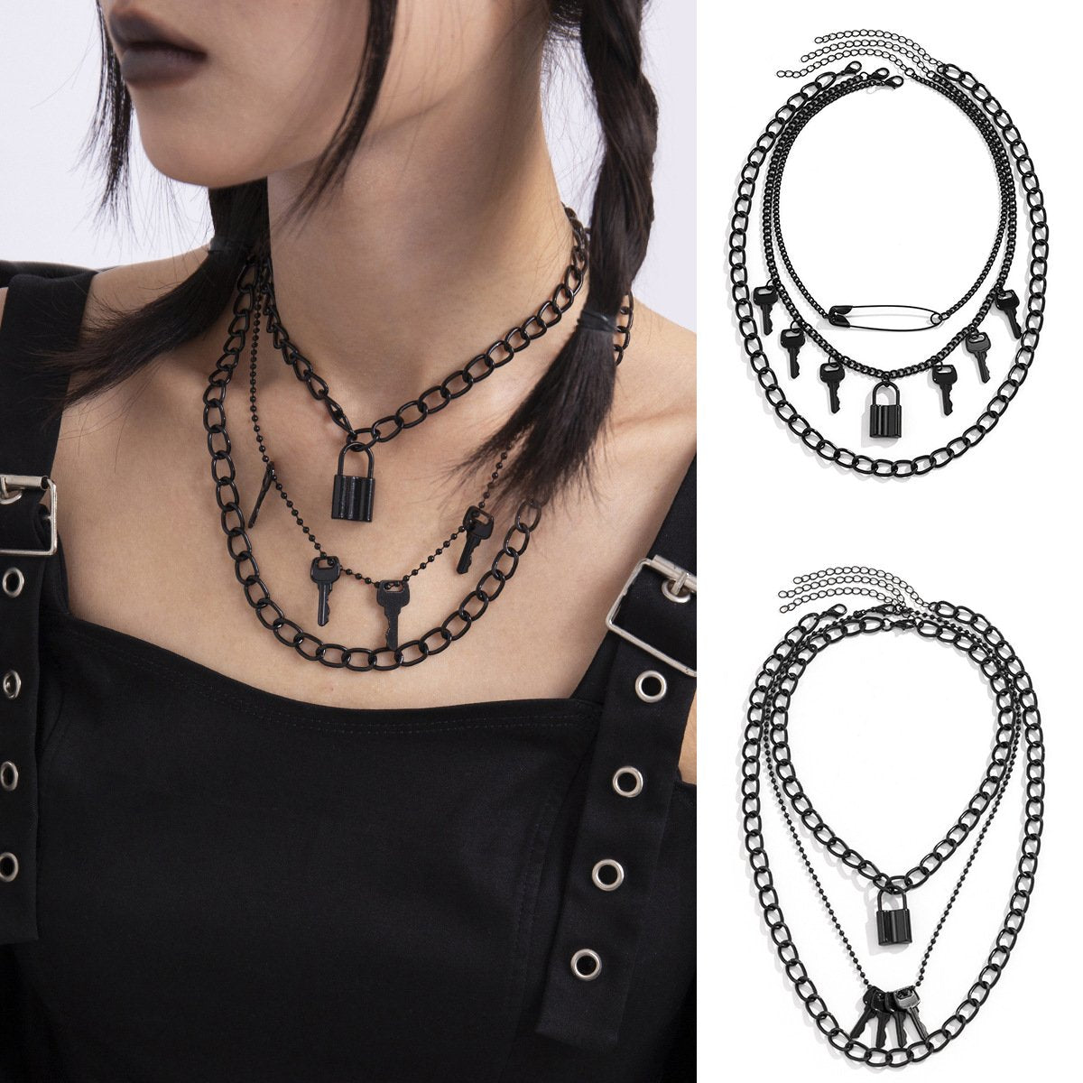 Jewelry personality gender pin metal sweet cool chain necklace retro lock key multi-layer necklace female