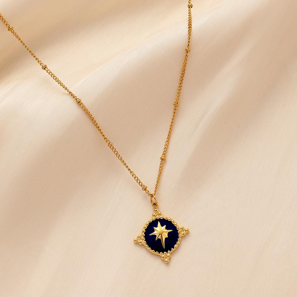 French temperament ladies stainless steel gold retro coin shield drop oil star short necklace
