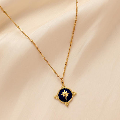 French temperament ladies stainless steel gold retro coin shield drop oil star short necklace