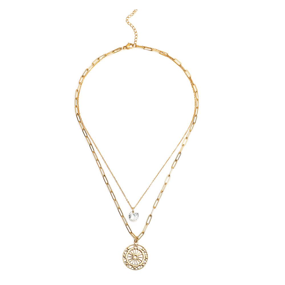 Stainless Steel Double Layer Necklace Roman Disc Hollow Pendant Zircon Clavicle Chain Temperament Retro Jewelry