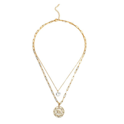 Stainless Steel Double Layer Necklace Roman Disc Hollow Pendant Zircon Clavicle Chain Temperament Retro Jewelry