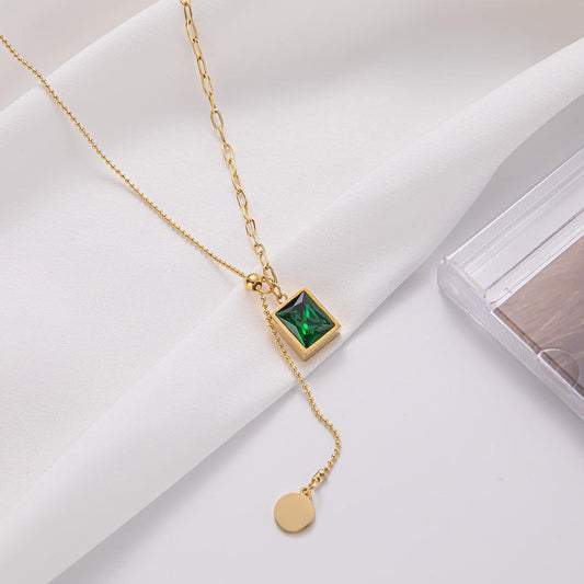 Green Pendant Titanium Steel Necklace Women's Light Luxury Niche Design Titanium Steel Never Fading Clavicle Chain Pull Adjustable Necklace
