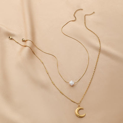 Titanium Steel Real Gold Simple Moon Stainless Steel Pendant Personality Pearl Double Layer Necklace Jewelry Women
