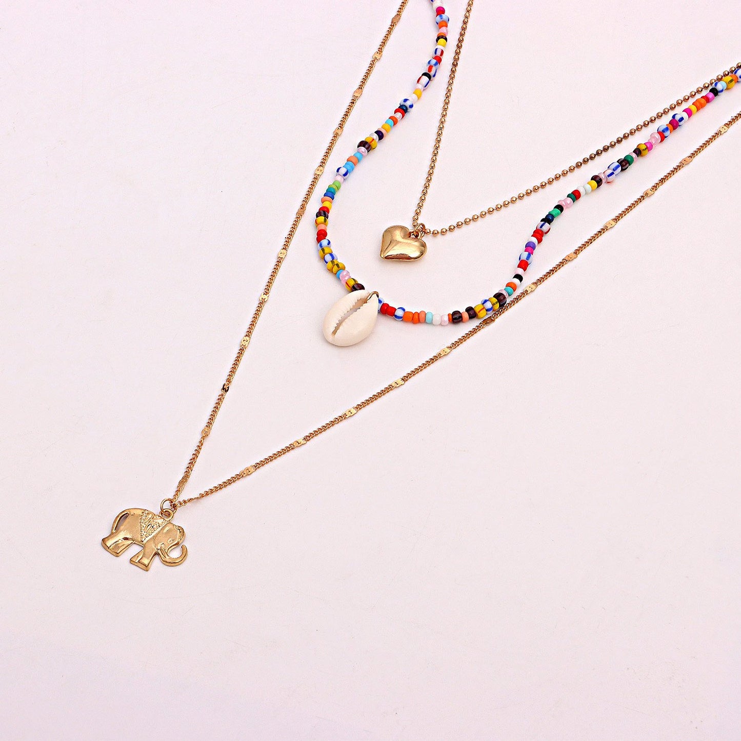 Jewelry fashion women's long multi-layer rice bead chain electroplating metal elephant pendant necklace