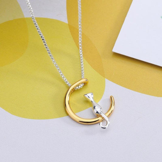 Simple Temperament Cute Moon Cat Necklace Exquisite Animal Pendant Clavicle Chain Jewelry