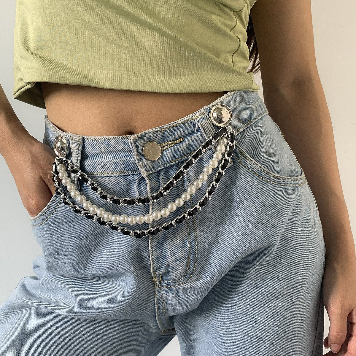 Jewelry temperament small velvet chain imitation pearl waist chain retro personality jeans accessories