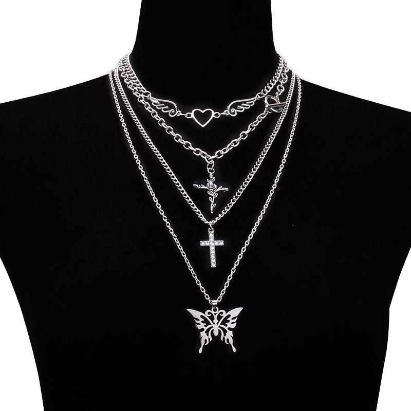 Jewelry diamond-encrusted little angel rose necklace accessories peach heart wings pendant necklace set chain