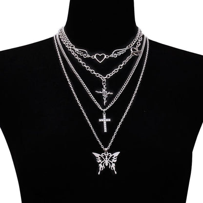 Jewelry diamond-encrusted little angel rose necklace accessories peach heart wings pendant necklace set chain