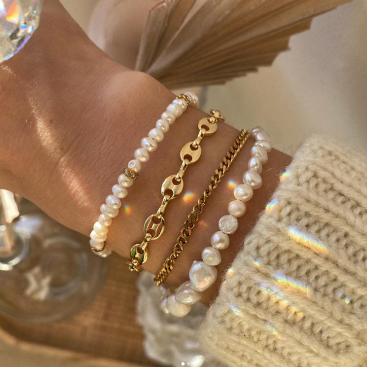 B1886 Niche Beaded Geometric Bracelet Set French Light Luxury Micro-Inlaid Simple Metal Chain Bracelet