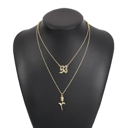 N8112 Jewelry Retro Creative Double Layer Digital Clavicle Chain Temperament Versatile Rose Fashion Necklace