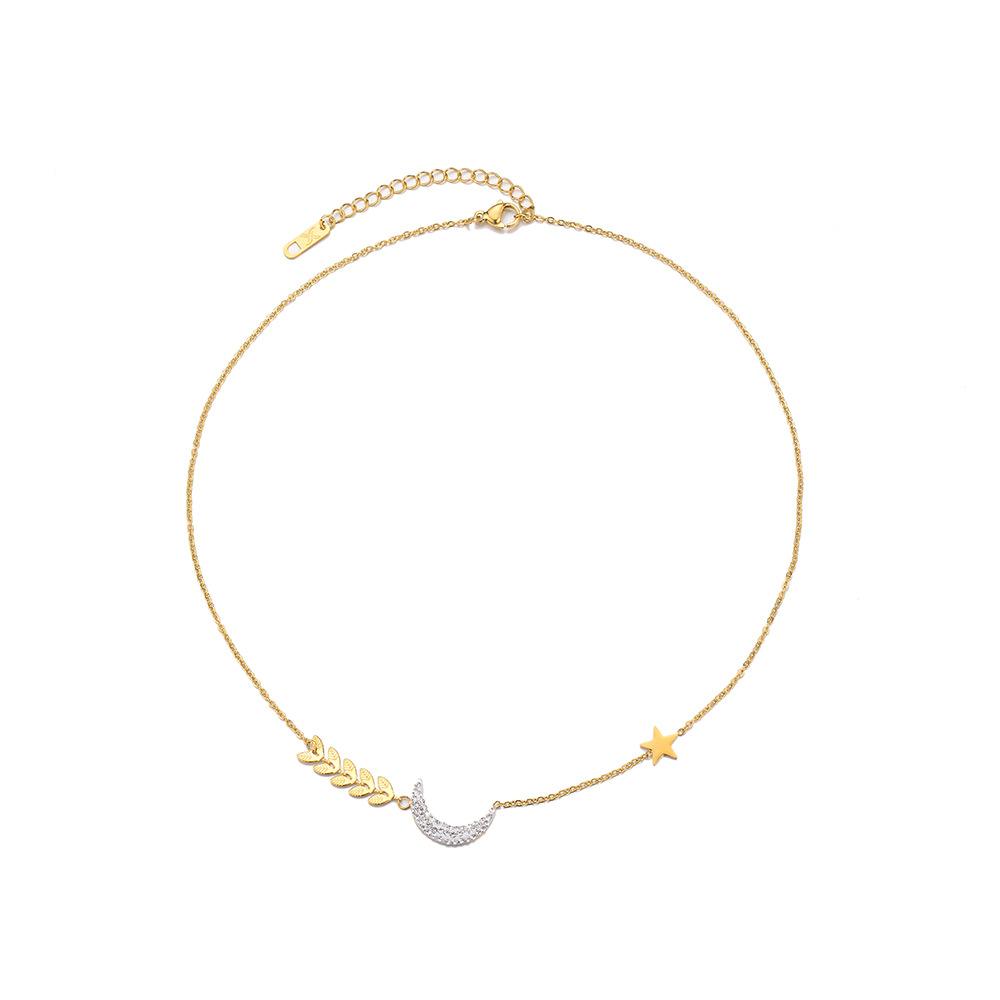 Titanium steel vacuum gold-plated moon necklace full of diamonds