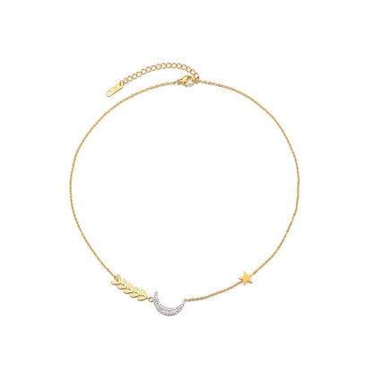Titanium steel vacuum gold-plated moon necklace full of diamonds