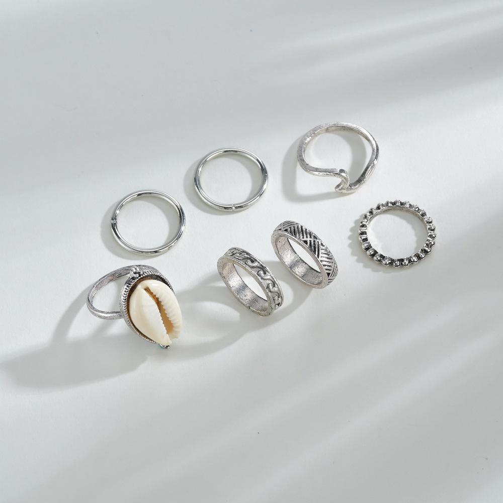 Retro Geometric Alloy Pattern Natural Shell Joint Ring Set 7 Pieces Combination Rings