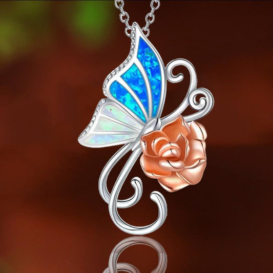 Explosive Jewelry Fashion Butterfly Pendant Rose Necklace Female Niche Design Jewelry