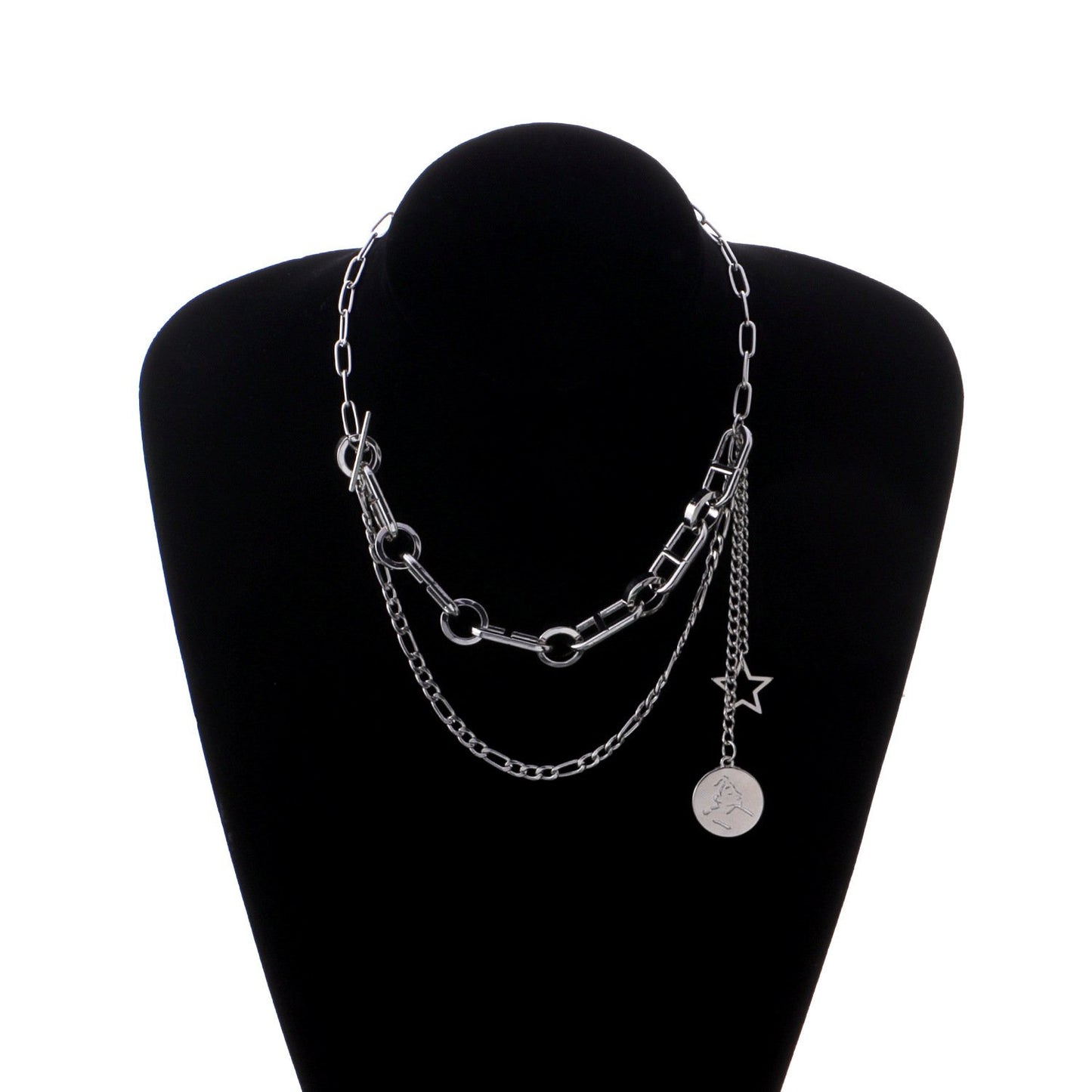 Jewelry fashion trend hip-hop ins multi-layered wearing round card pendant personalized splicing necklace