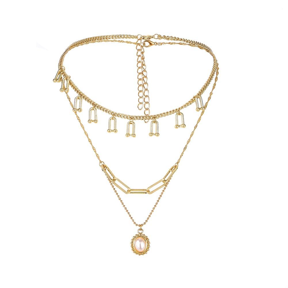 Fashion multi-layer U-shaped horseshoe tassel necklace personality oval pearl pendant clavicle chain jewelry female