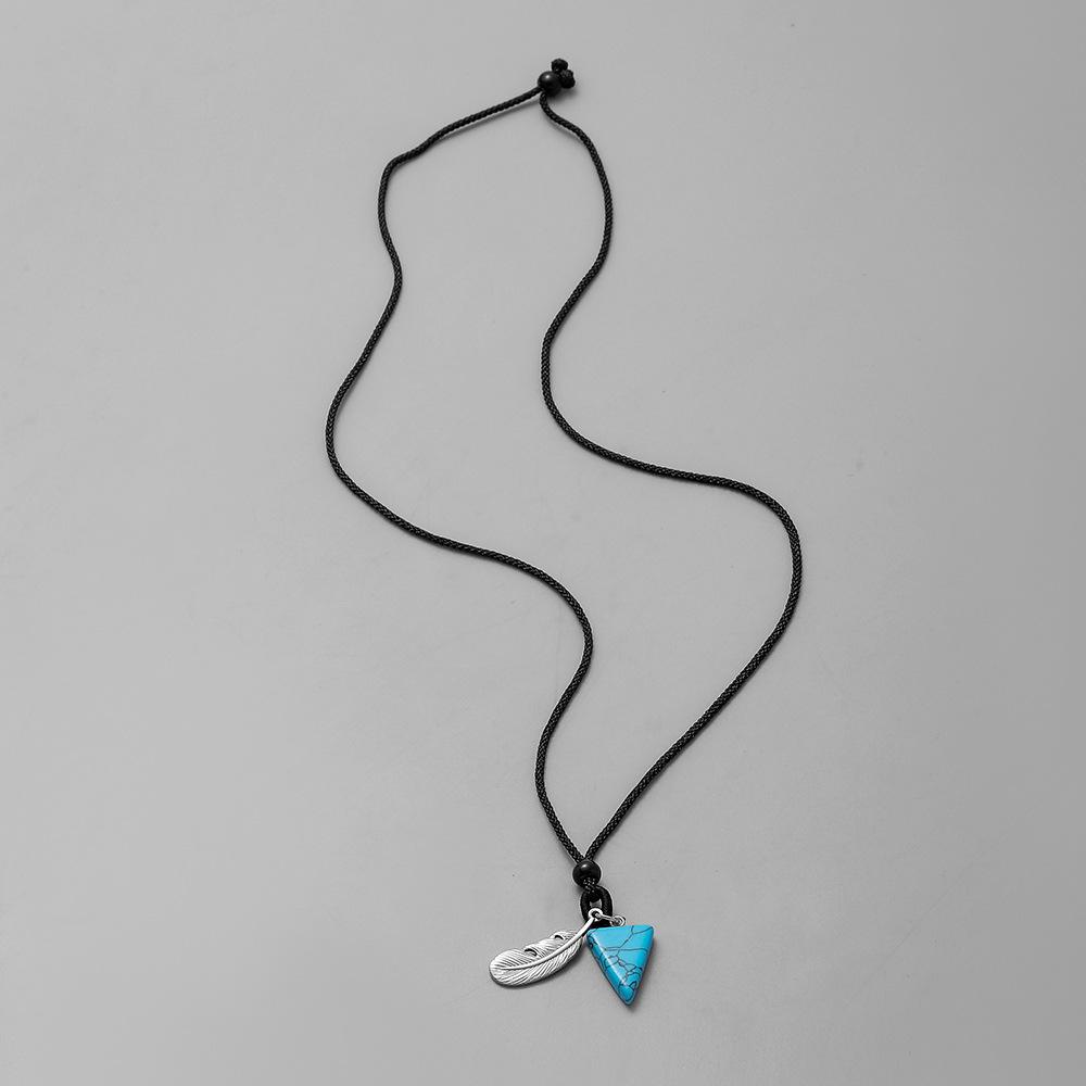 Trendy Men's Black Rope Feather Triangular Sapphire Necklace Art Retro Necklace
