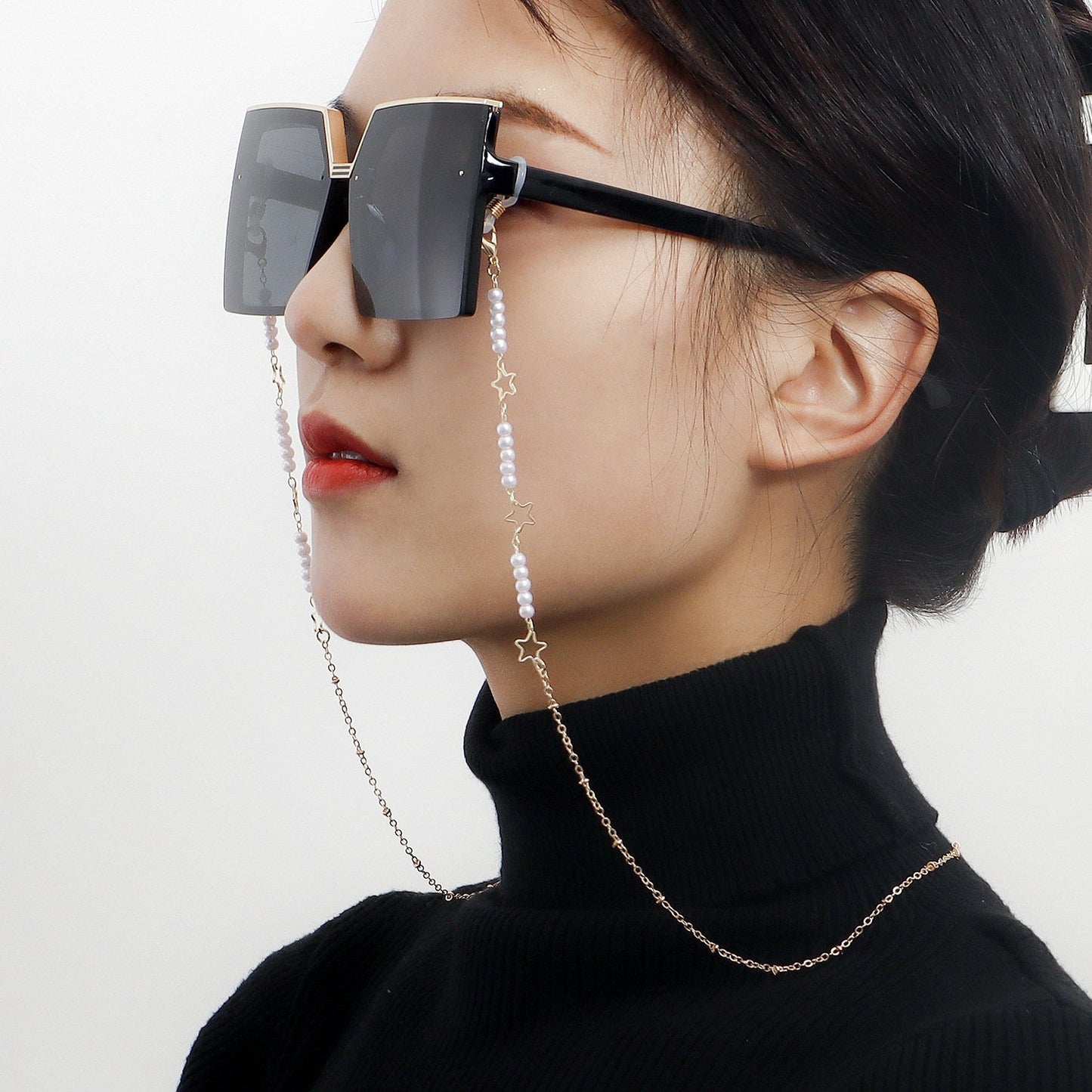 Trendy cool hollow out five-pointed star beaded mask lanyard anti-lost chain high-end sense glasses chain mask extension rope face chain female