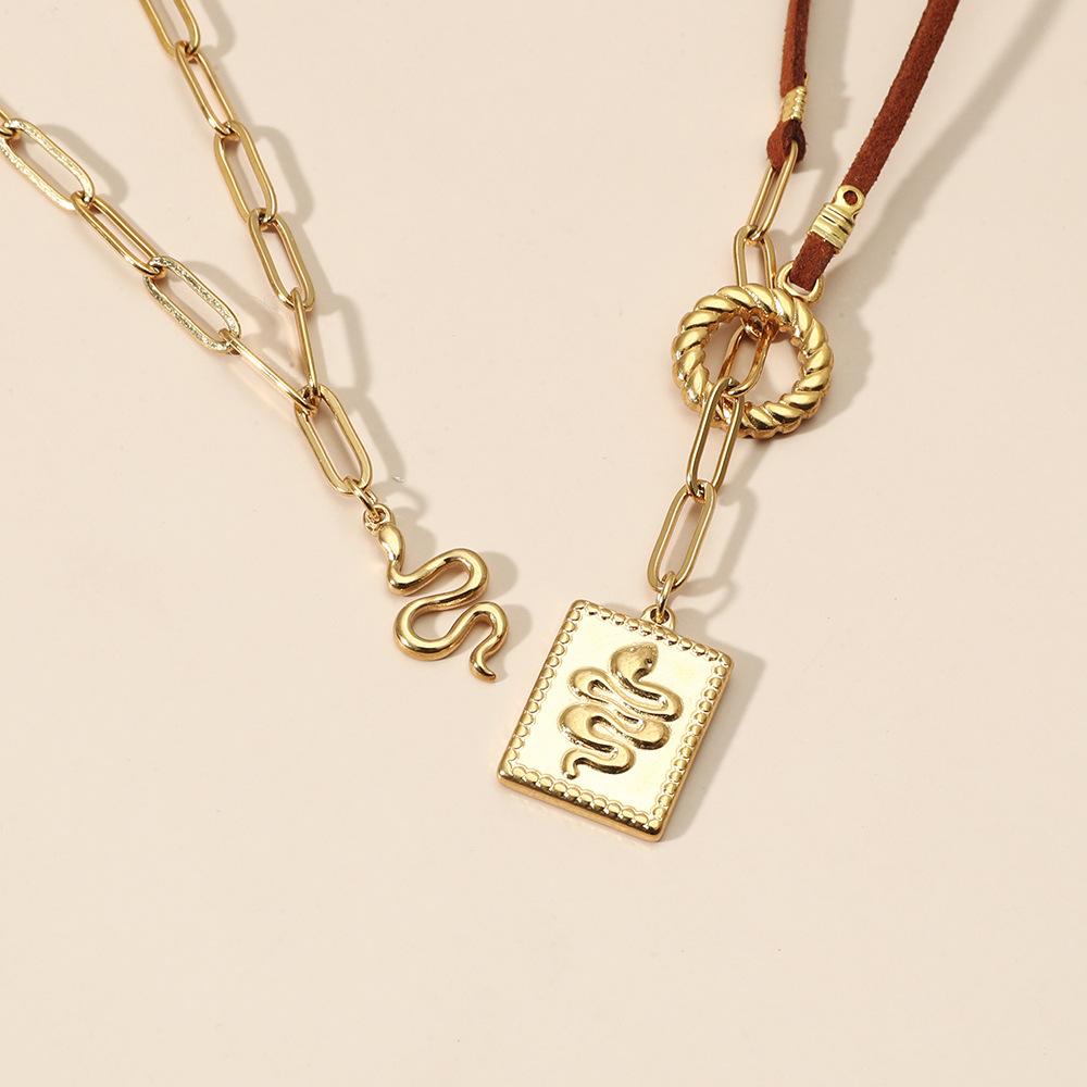 Stainless Steel Leather Rope Double Layer Necklace Small Snake Square Brand Totem Pendant Fashion Temperament Clavicle Chain Female