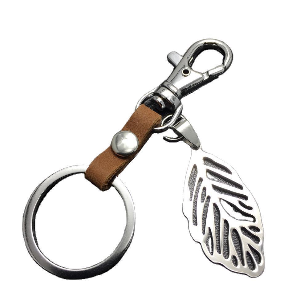 Hollow out leaves titanium steel jewelry accessories cowhide key chain 316 stainless steel men's waist hanging women's bag pendant