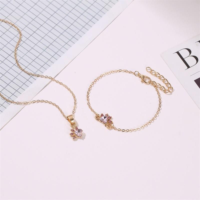 Fashion Set Cute Cartoon Cat Claw Necklace Earrings Four-Piece Set Cat Footprint Zircon Ring Bracelet Female