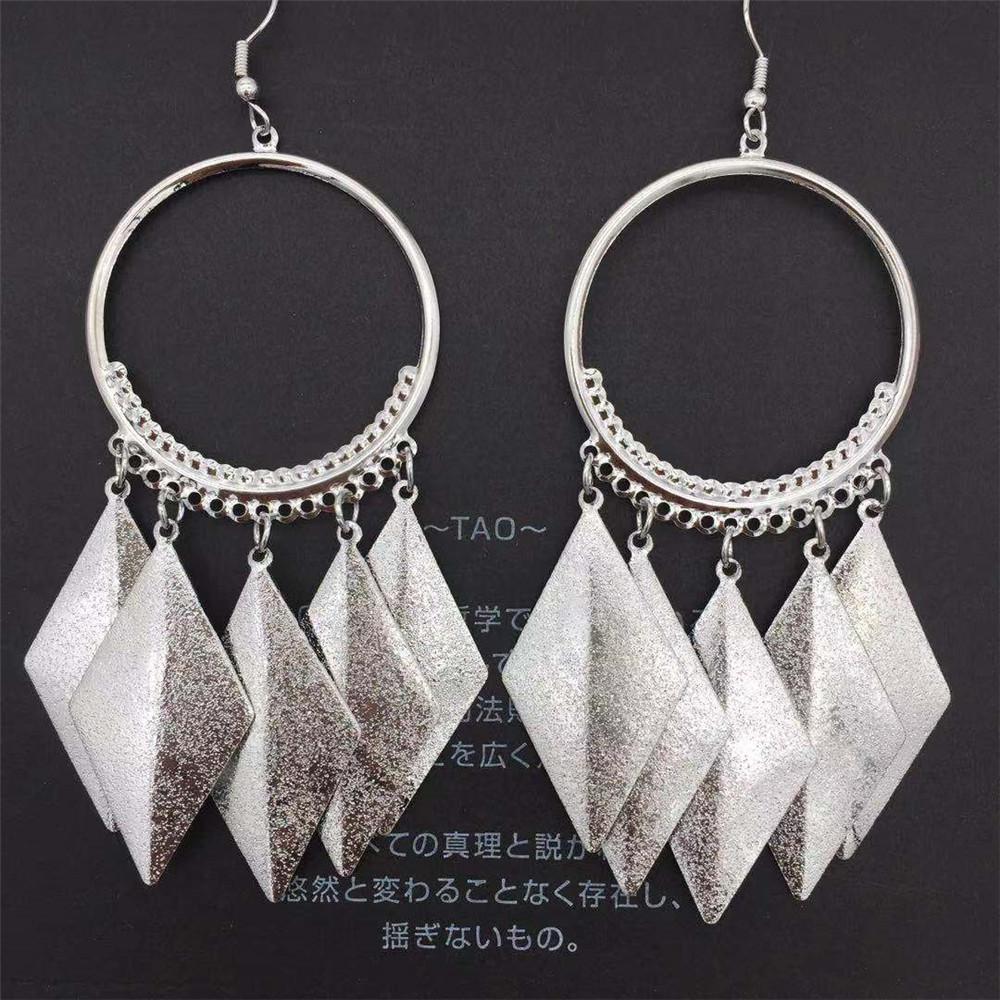 Rhombus Frosted Sequin Tassel Earrings Ethnic Metal Hoop Earrings Women Ear Jewelry