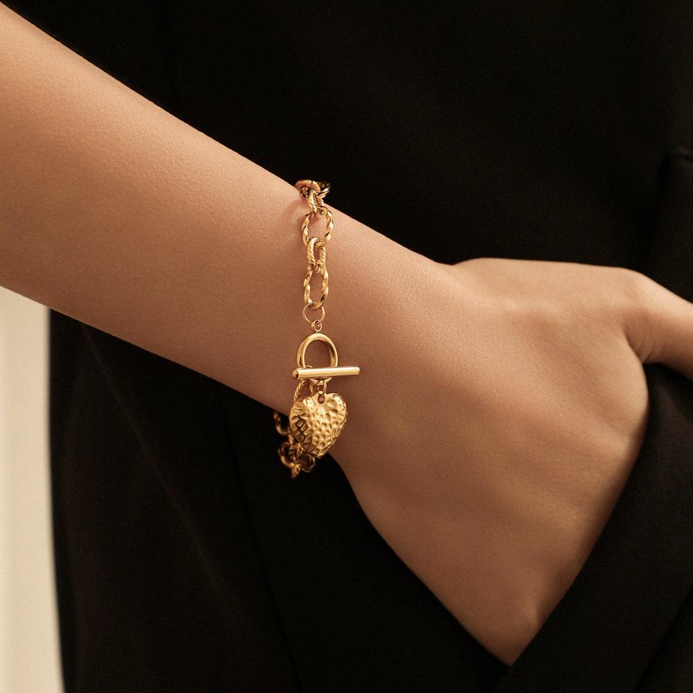 Dongdaemun Simple Stainless Steel Love Tag Bracelet Personality Hammer Pattern Peach Heart OT Buckle Trendy Hand Jewelry