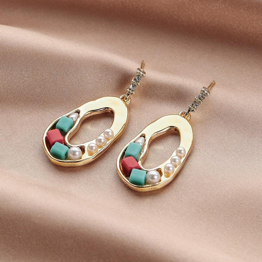 Irregular Oval Earrings Colorful Gravel Pearl Earrings Retro Elegant Earrings Personality Earrings