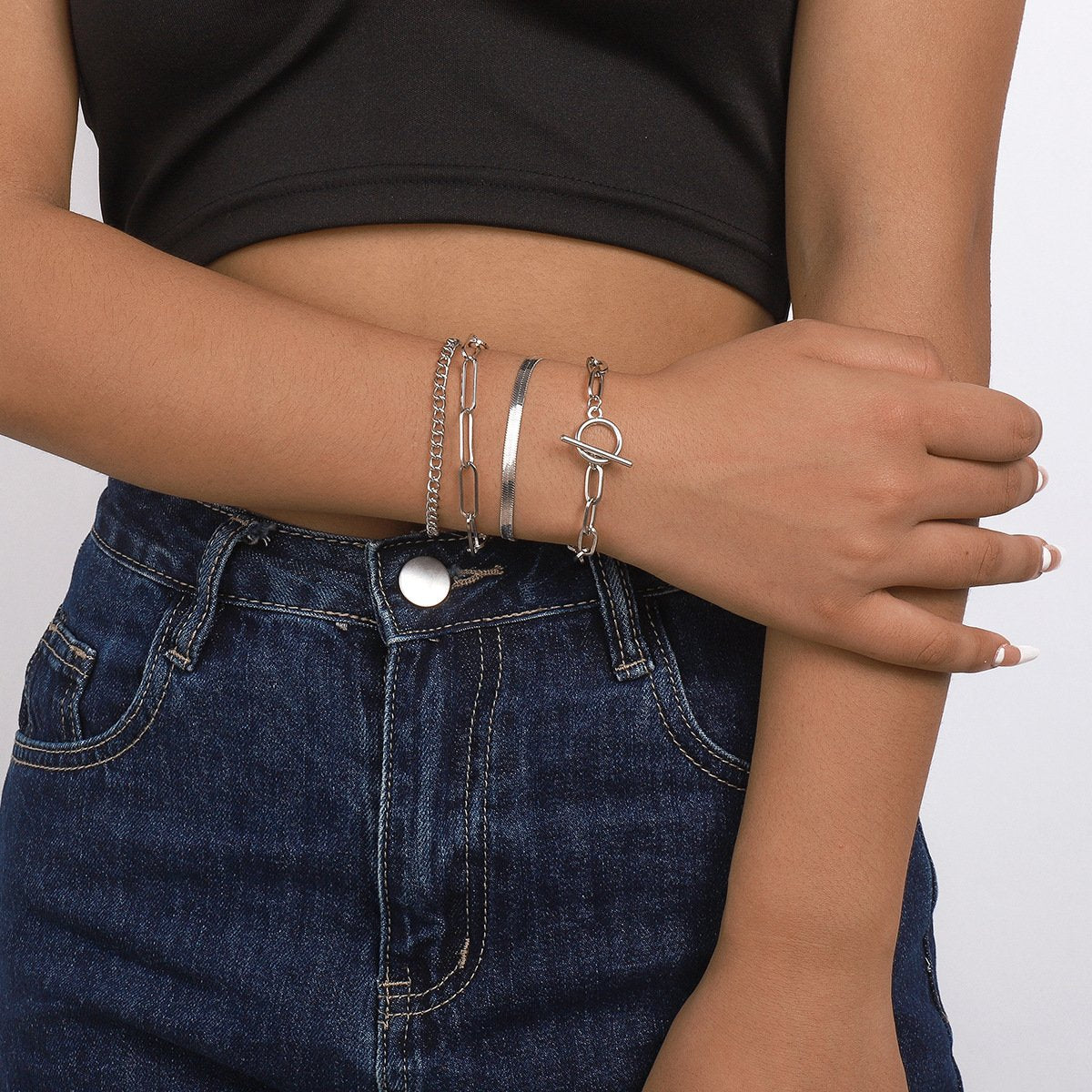 B1863 Metal Exaggerated Jewelry OT Buckle Snake Chain Geometric Punk Hip Hop Personality Bracelet Set