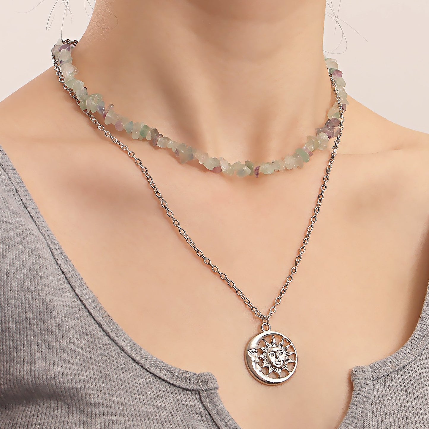 Jewelry double-layer simple natural green Dongling gravel pendant necklace female niche design necklace hot girl