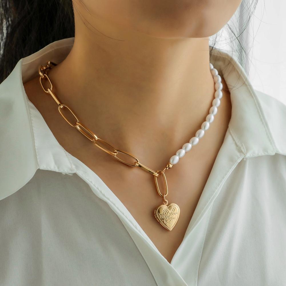 Jewelry simple pearl metal chain can open creative heart-shaped photo box pendant fashion necklace female