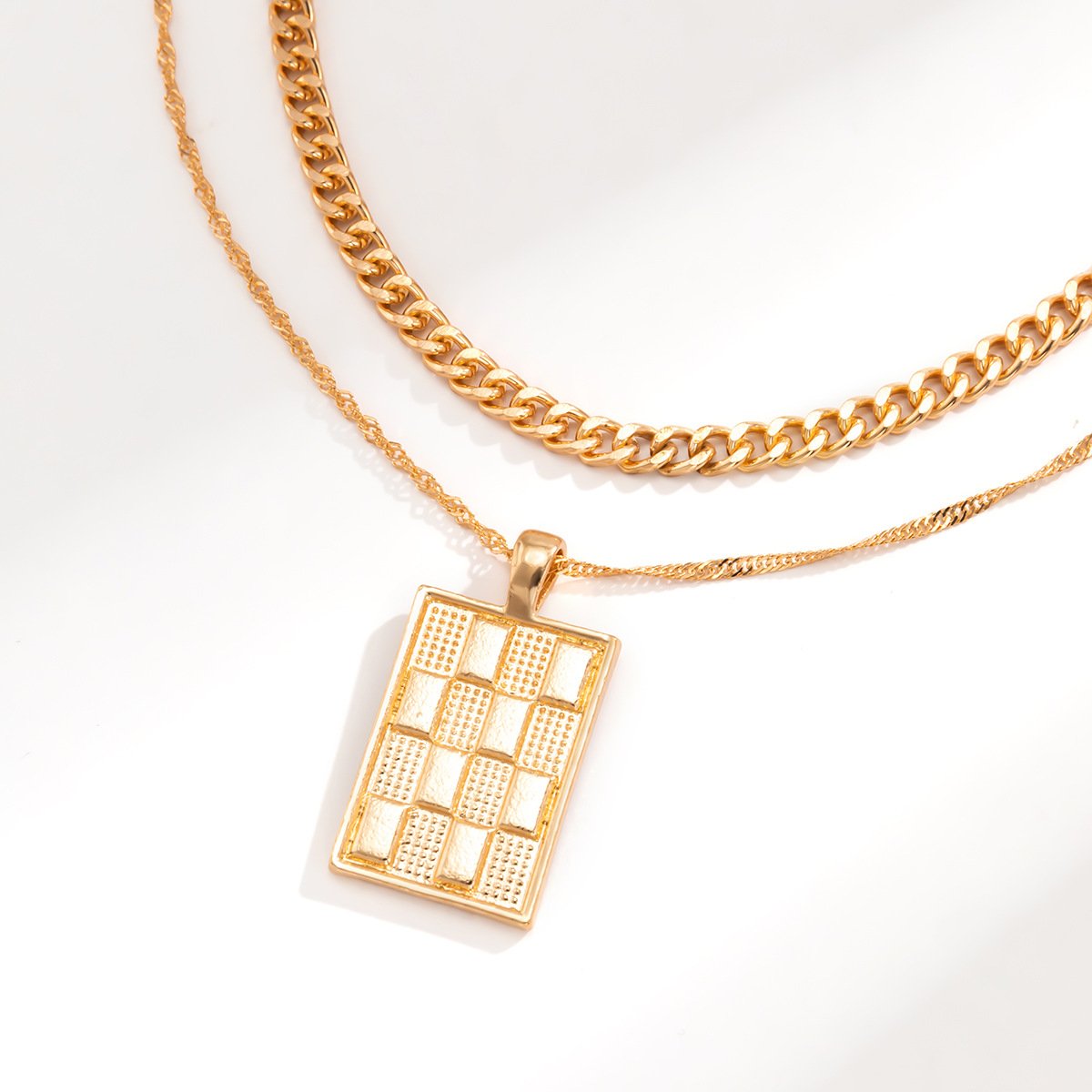 Jewelry Hip Hop Metal Checkerboard Tag Necklace Retro Simple Thin Chain Clavicle Necklace