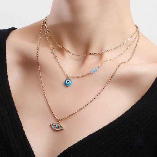 Jewelry punk multi-layer bead chain micro-set diamond blue devil's eye necklace female cross pendant