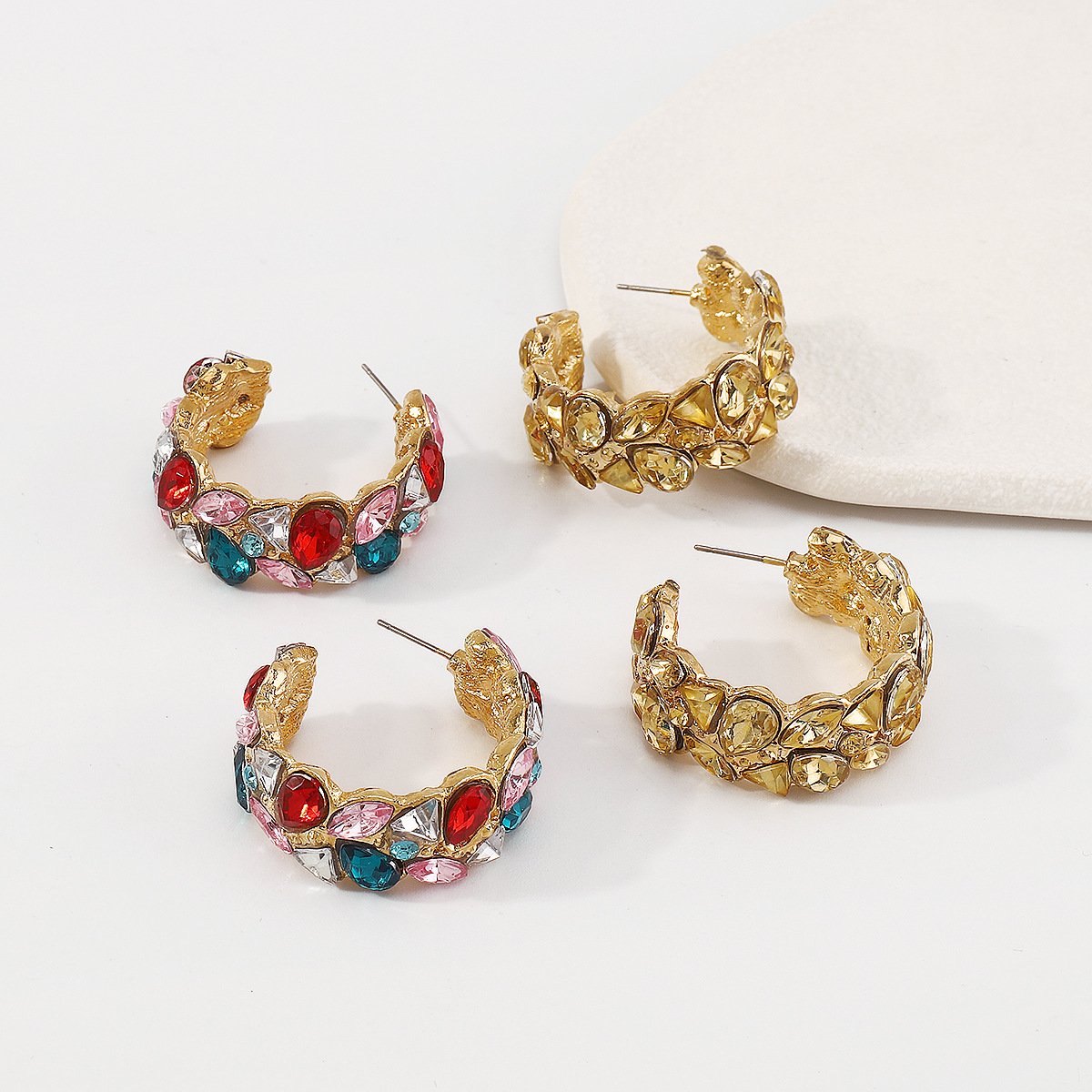 E1741 Personality Fashion Circle C-shaped Earbuckle Light Luxury Exaggerated Design Earrings Rhinestone Vintage Earrings