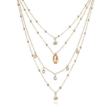 Jewelry Ladies Full Diamond Hexagram Pendant Necklace Multilayer Hip Hop Retro Rhinestone Shell Jewelry