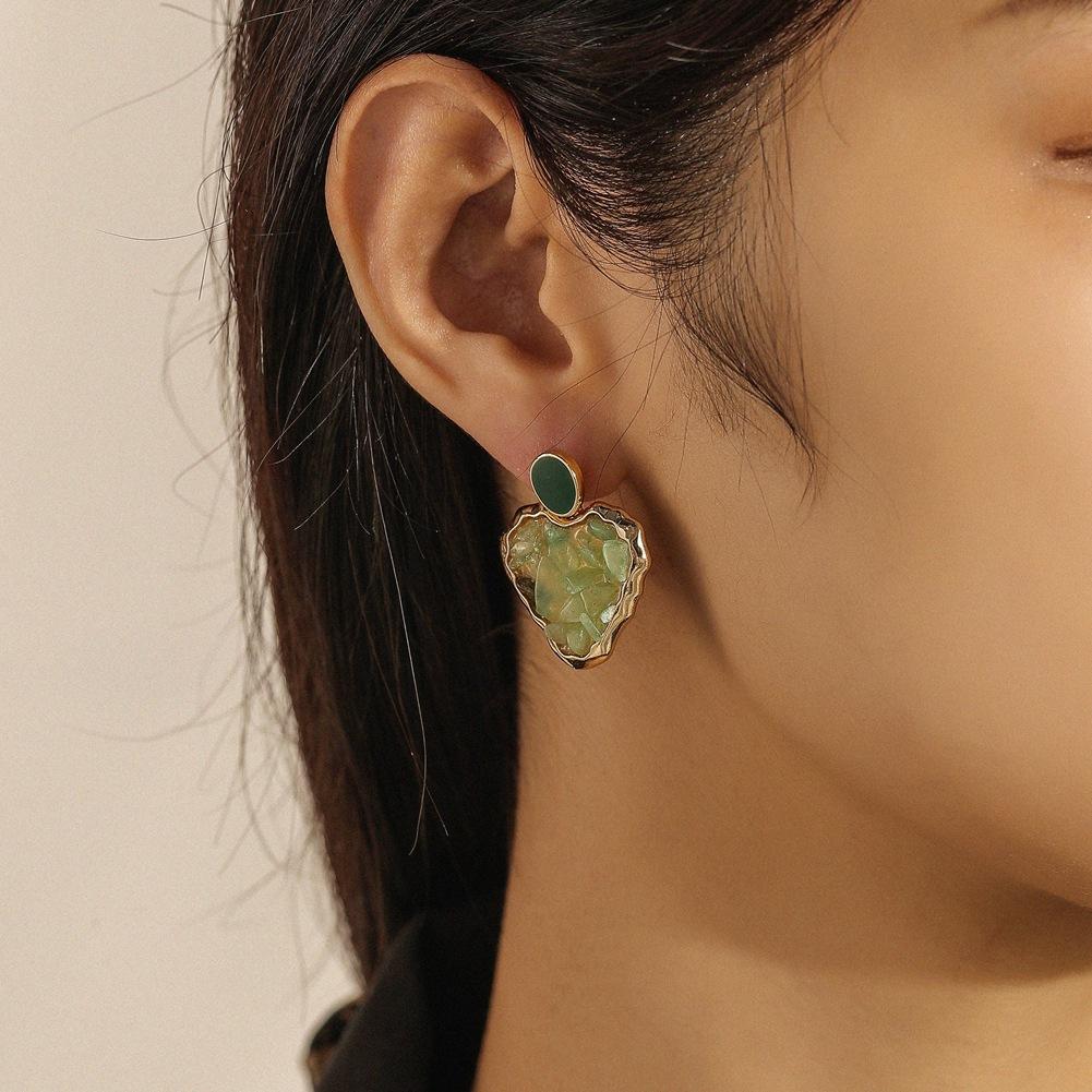 Ins geometric fashion hollow heart gravel earrings retro original stone drop oil earrings stone ear jewelry female