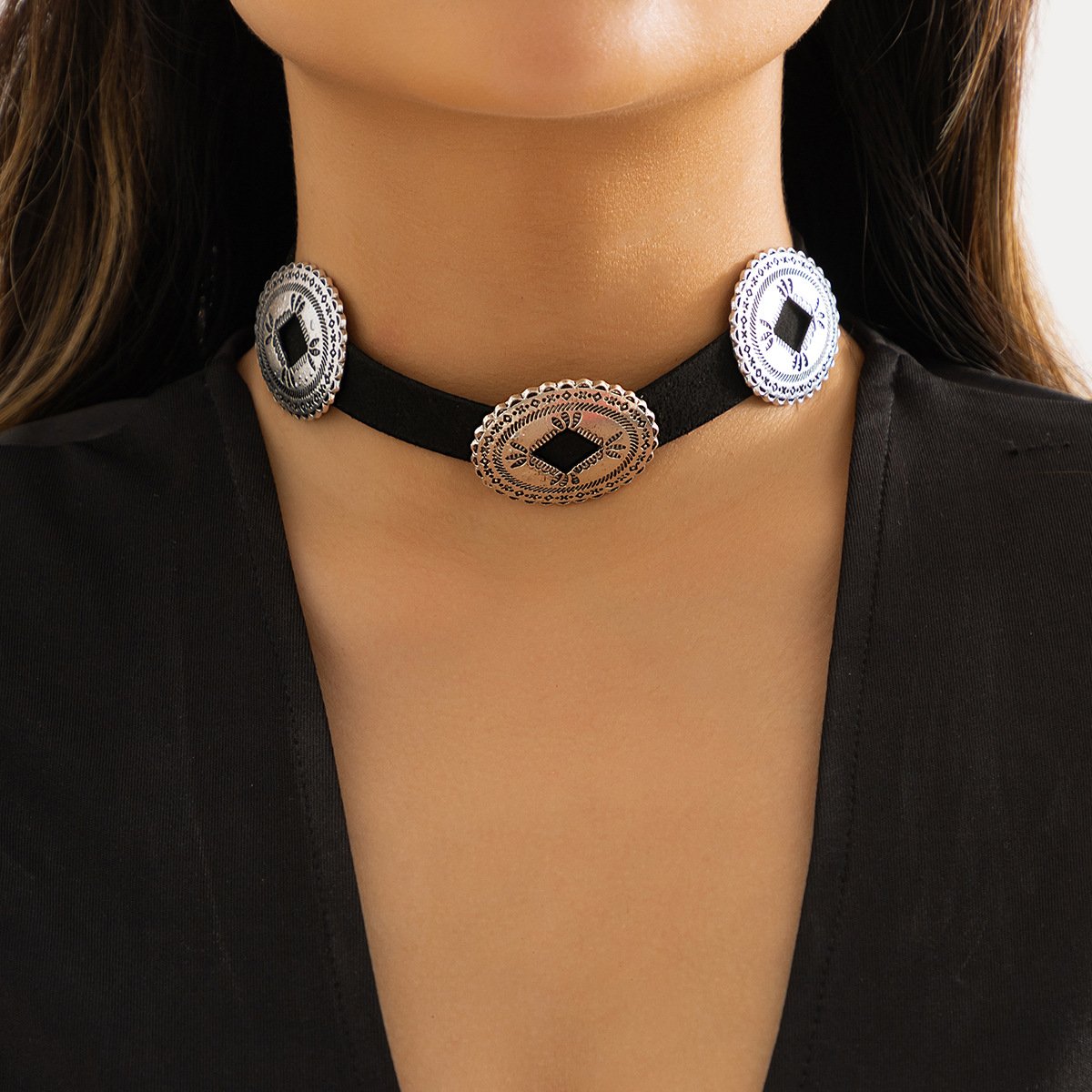 Retro flower plate alloy pendant velvet choker necklace femininity national turquoise single-layer choker necklace