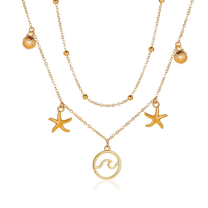 Double-layer starfish necklace ins fashion wave shell pendant clavicle chain personality long sweater chain