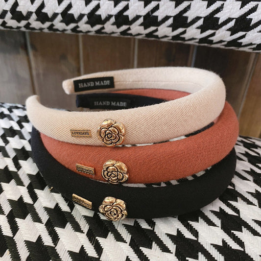 F5135 Retro Elegant Pure Color Small Fragrance Headband Rose Letter High Skull Top Internet Celebrity Lady Headband