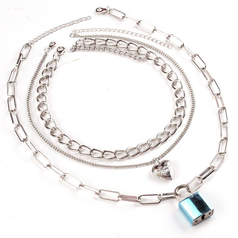 Personalized multi-layer peach heart padlock jewelry thick chain hip-hop punk key lock necklace